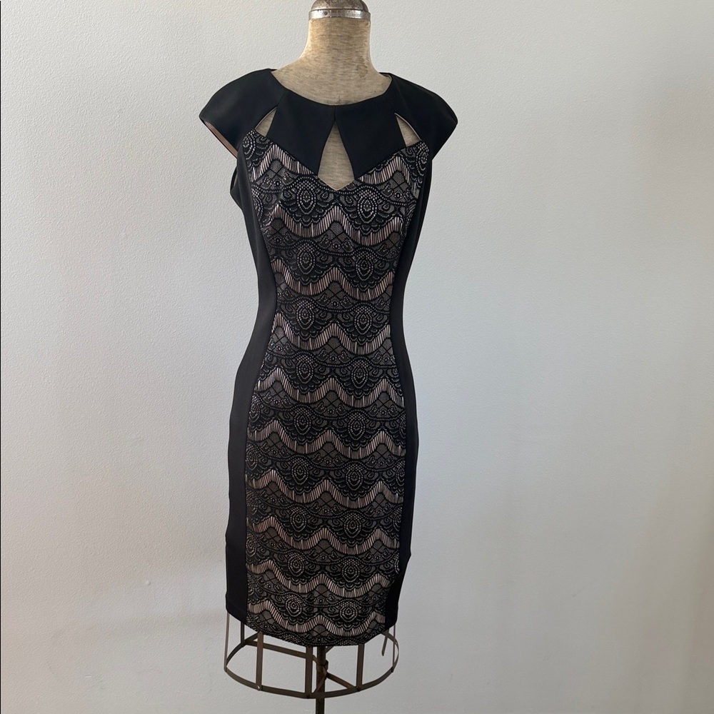 Jax Bodycon Evening Black/Cream Lace Overlay Midi Dress Size 4